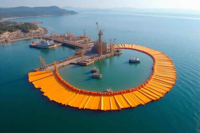 Silt curtains deployed around a marine construction site to protect the environment